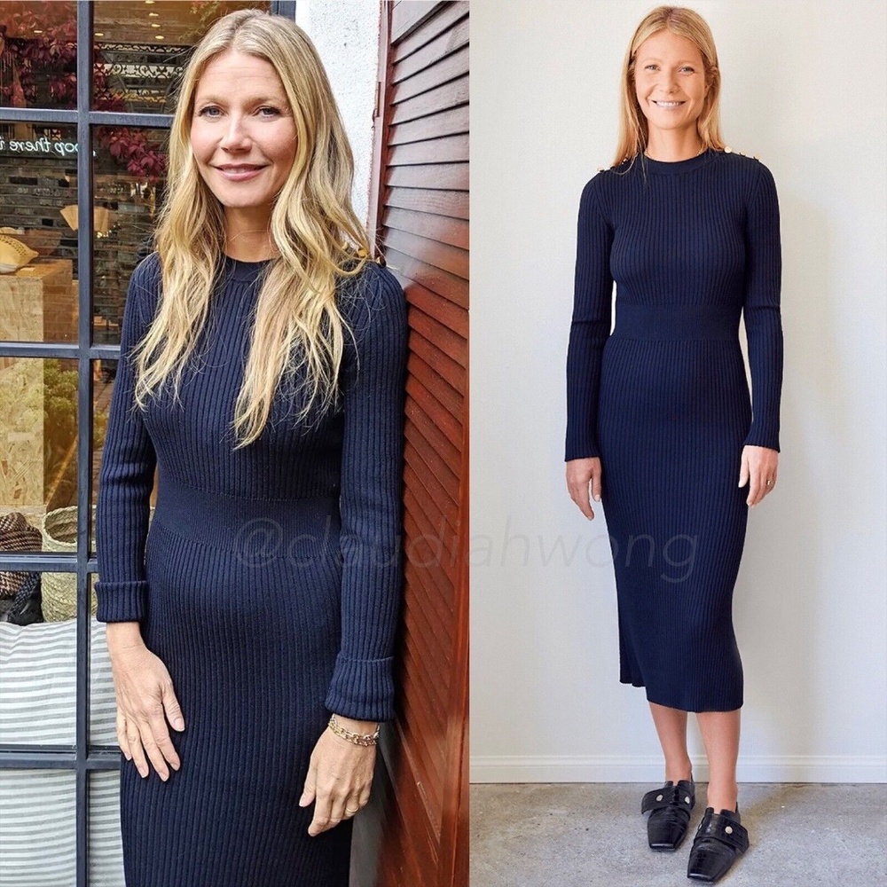 GWYN Rebecca Virgin Wool Rib Sweater Dress in Navy Blue